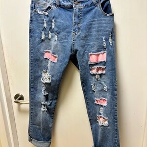 Distressed Blue Jeans with Pink Accents